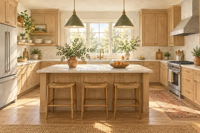 Illustrated oak kitchen with a coherent island layout and soft daylight.