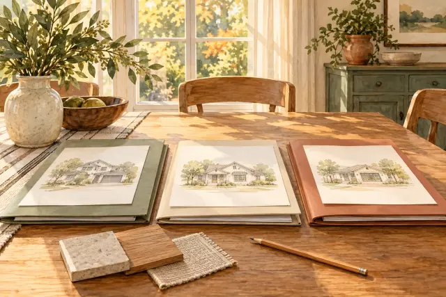 Watercolor illustration of three proposal folders on a sunlit dining table.