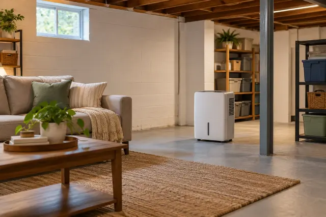 A modest basement sitting area with a portable dehumidifier near the open storage area.