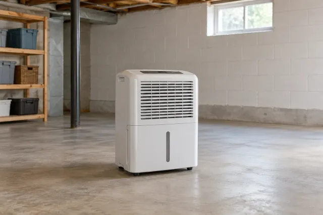 A portable dehumidifier stands on a dry basement floor with open space around its vents.