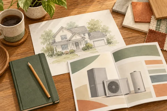 Illustrated planning still life with a house sketch and unbranded heating-system brochure.