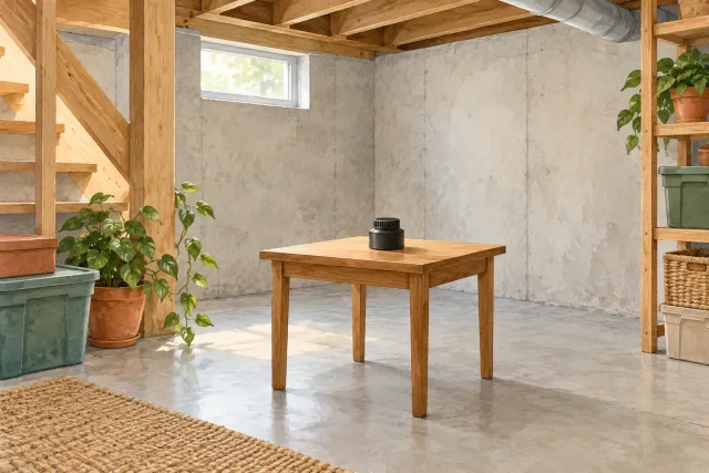 Illustrated unfinished basement wall and floor with a plain radon test device, no readable result.
