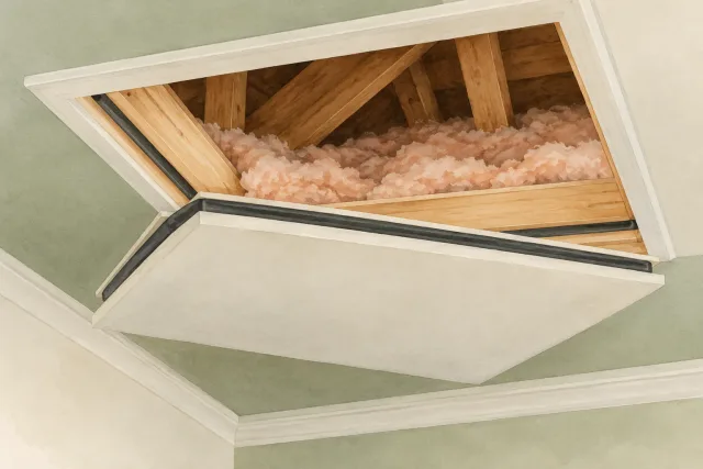 Illustrated close-up of an insulated attic hatch and continuous edge gasket.