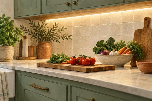 Illustrated close-up of a softly illuminated worktop beneath a shielded cabinet light.