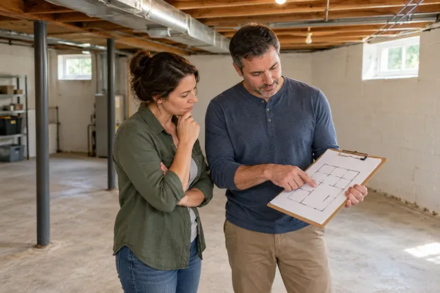 Two adults review a simple room sketch during a walkthrough of an unfinished basement.