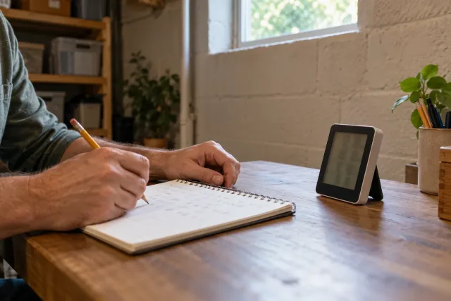 A homeowner checks a small humidity meter beside an open notebook in the basement.