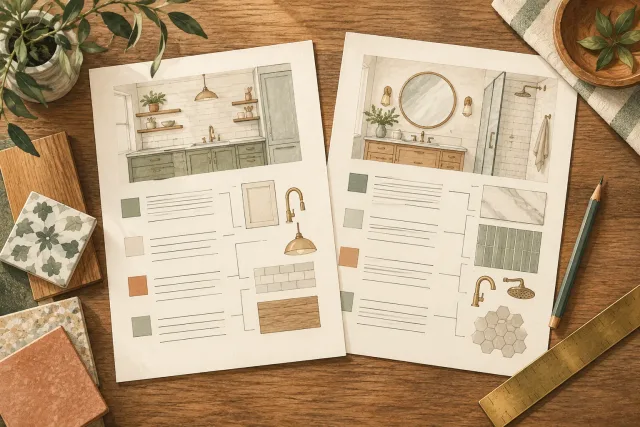 Illustrated renovation scope sheets and material samples laid side by side.