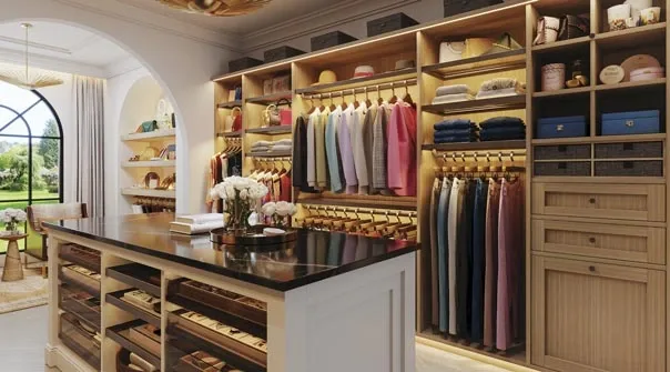 Walk-in closet with wood cabinetry and a storage island