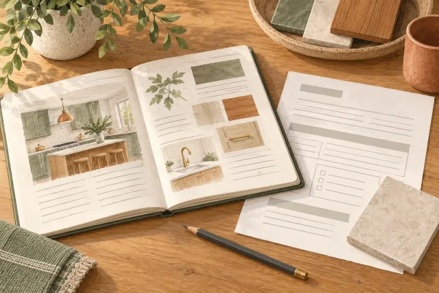 Illustrated project notebook, an unmarked change document and a single tile sample on a desk.