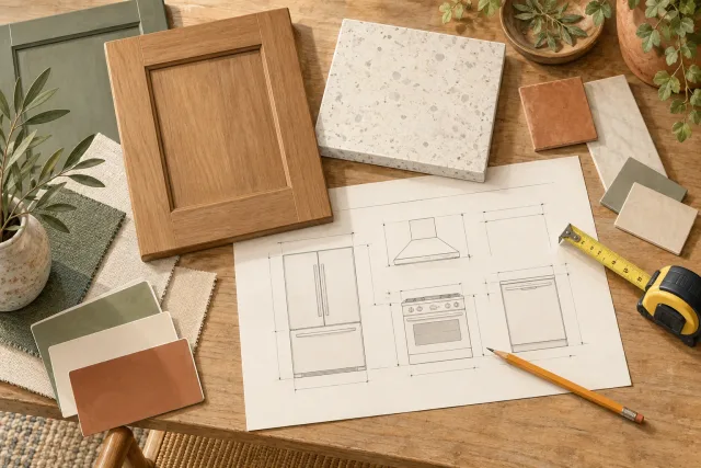 Watercolor still life of cabinet and countertop samples with an appliance planning sheet.