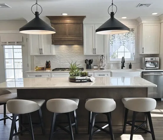 Kitchen with pendant lighting and island seating