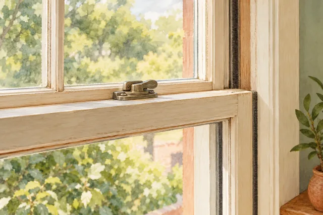 Illustrated close-up of a traditional wood window sash, latch and weatherstripping detail.